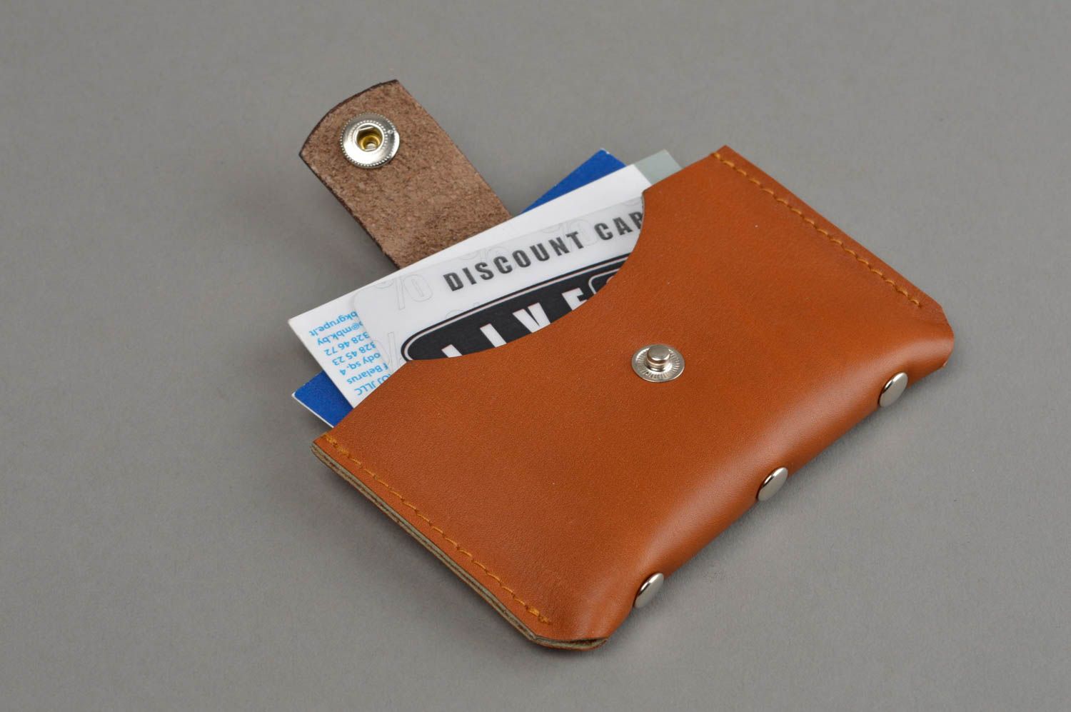 Porte-cartes de visite en vrai cuir marron sur bouton-pression fait main photo 7