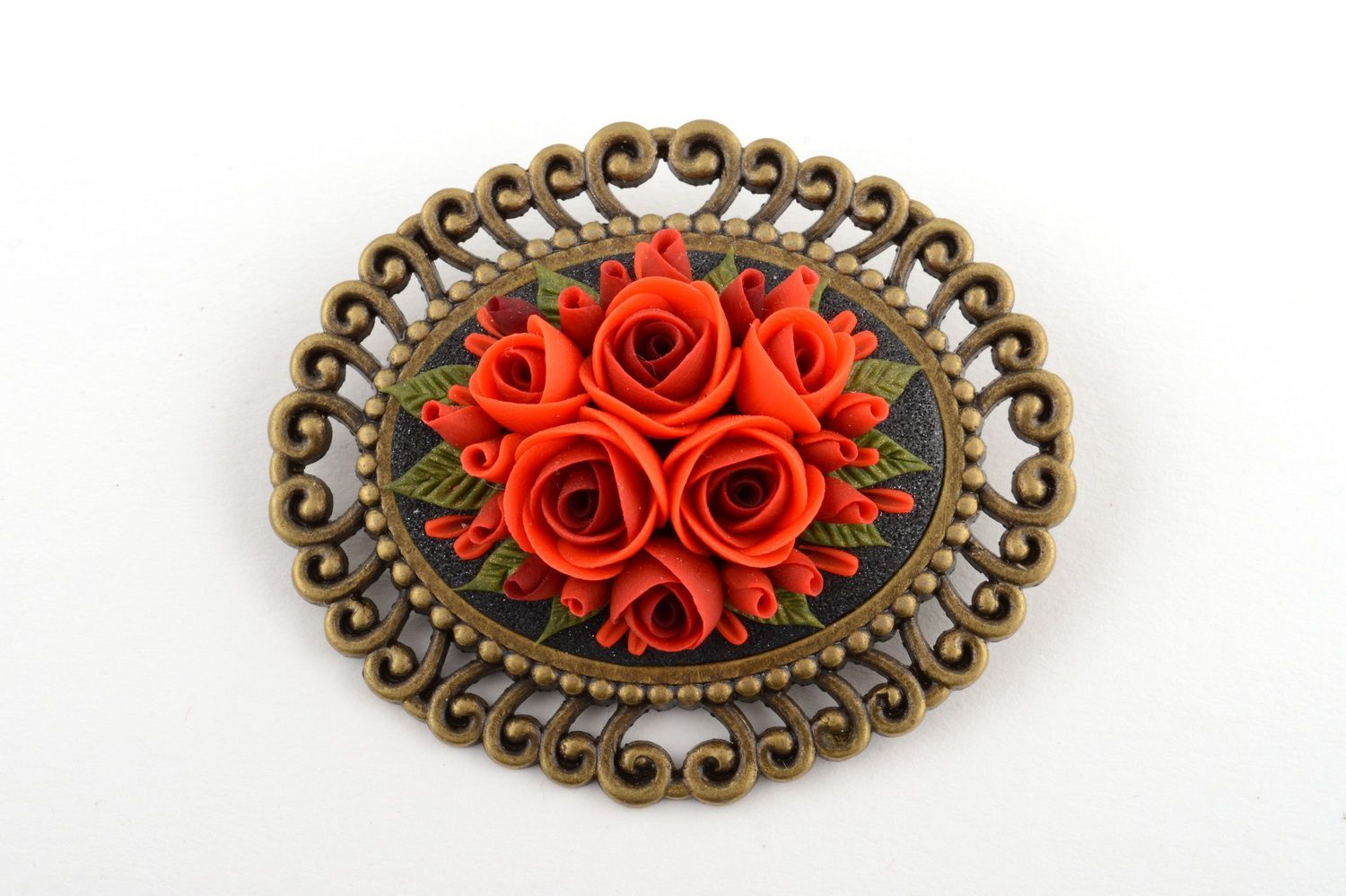 Handmade volume festive vintage brooch with cameo in shape of red roses photo 2