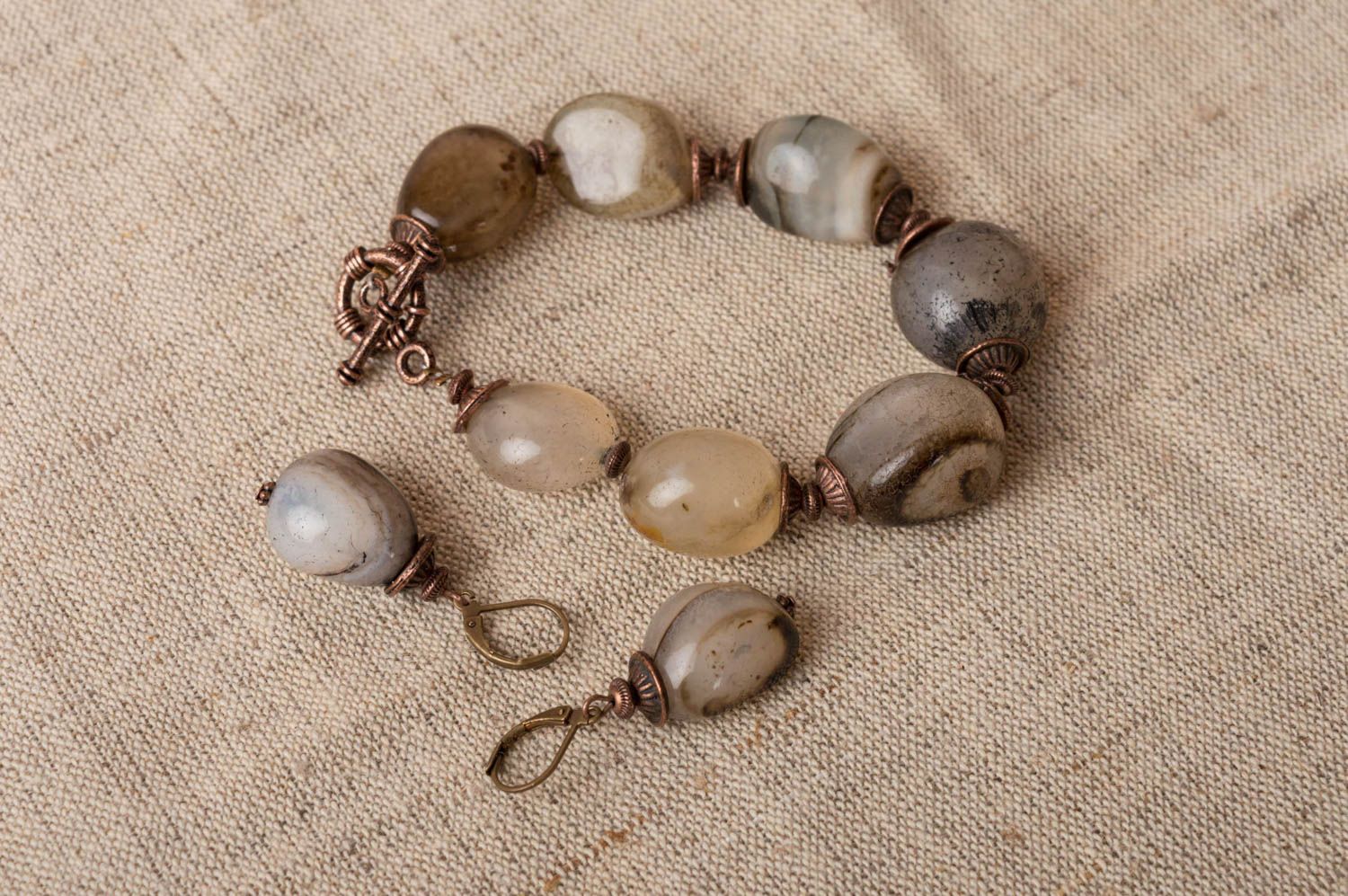 Set of handmade brass jewelry stone bracelet and earrings with natural stones photo 1