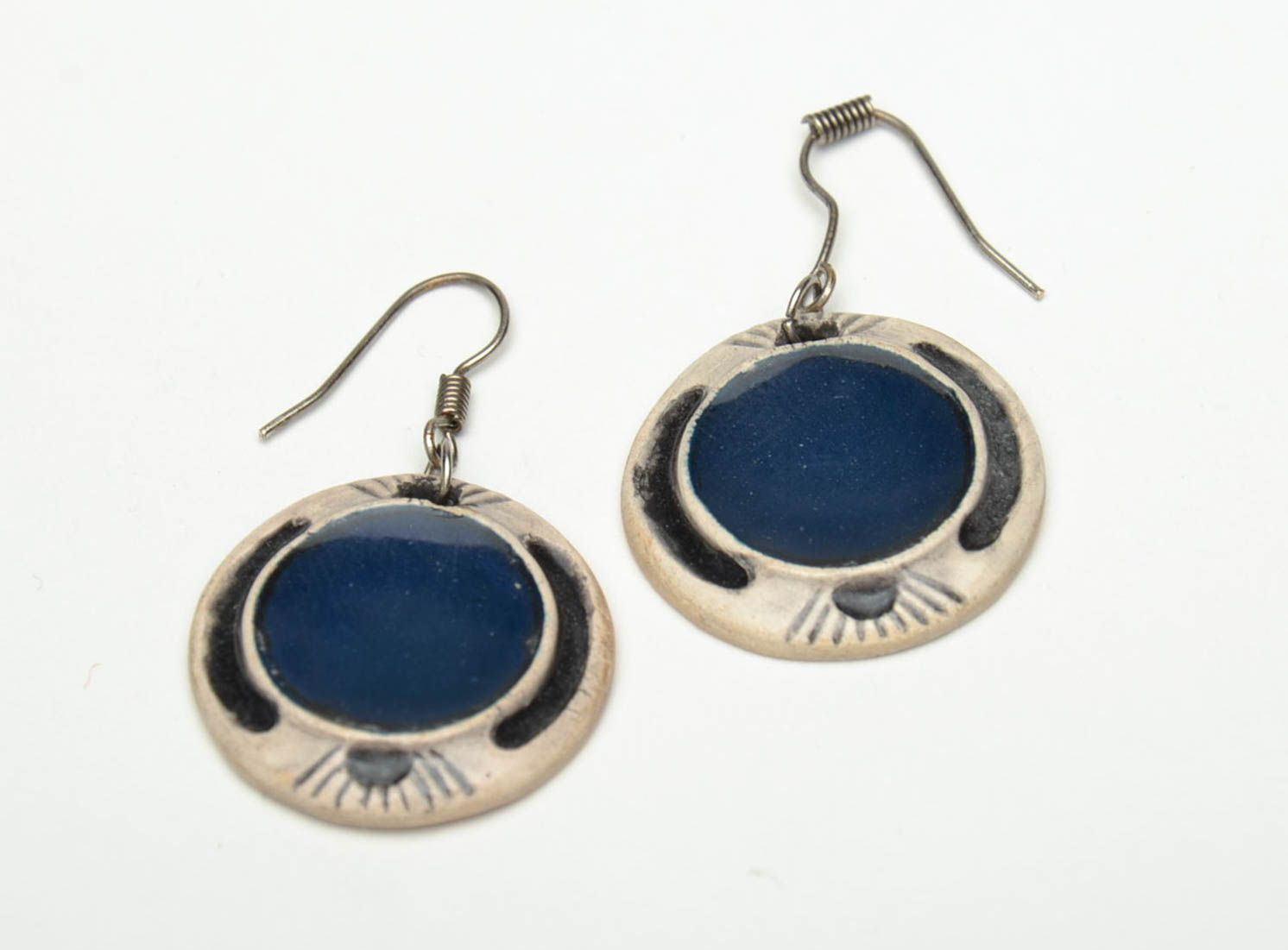 Blue round clay earrings painted with color enamels photo 2