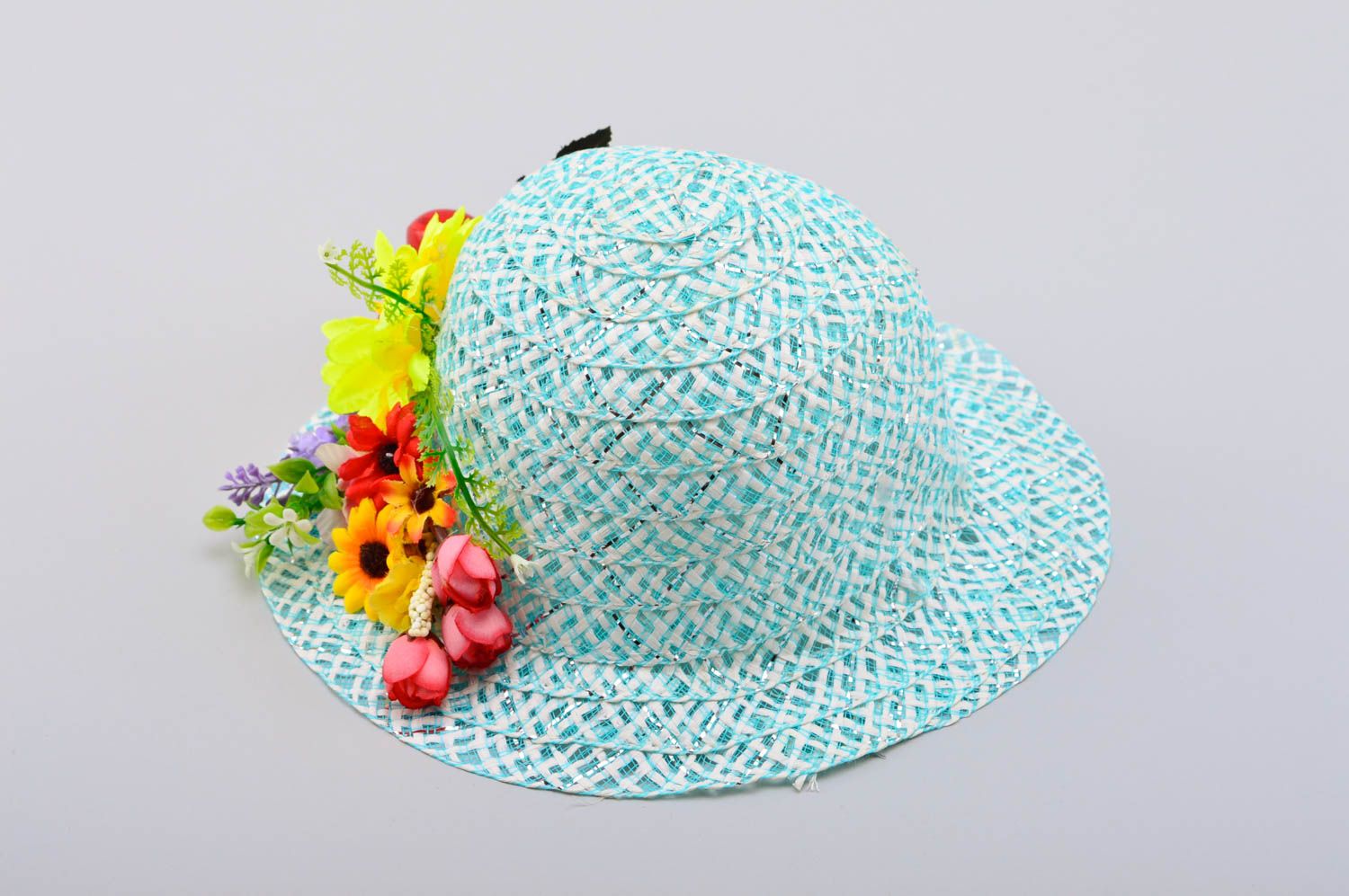Handmade Sommer Hut Damen Accessoire Geschenk für Frauen blau mit Blumen schön foto 3