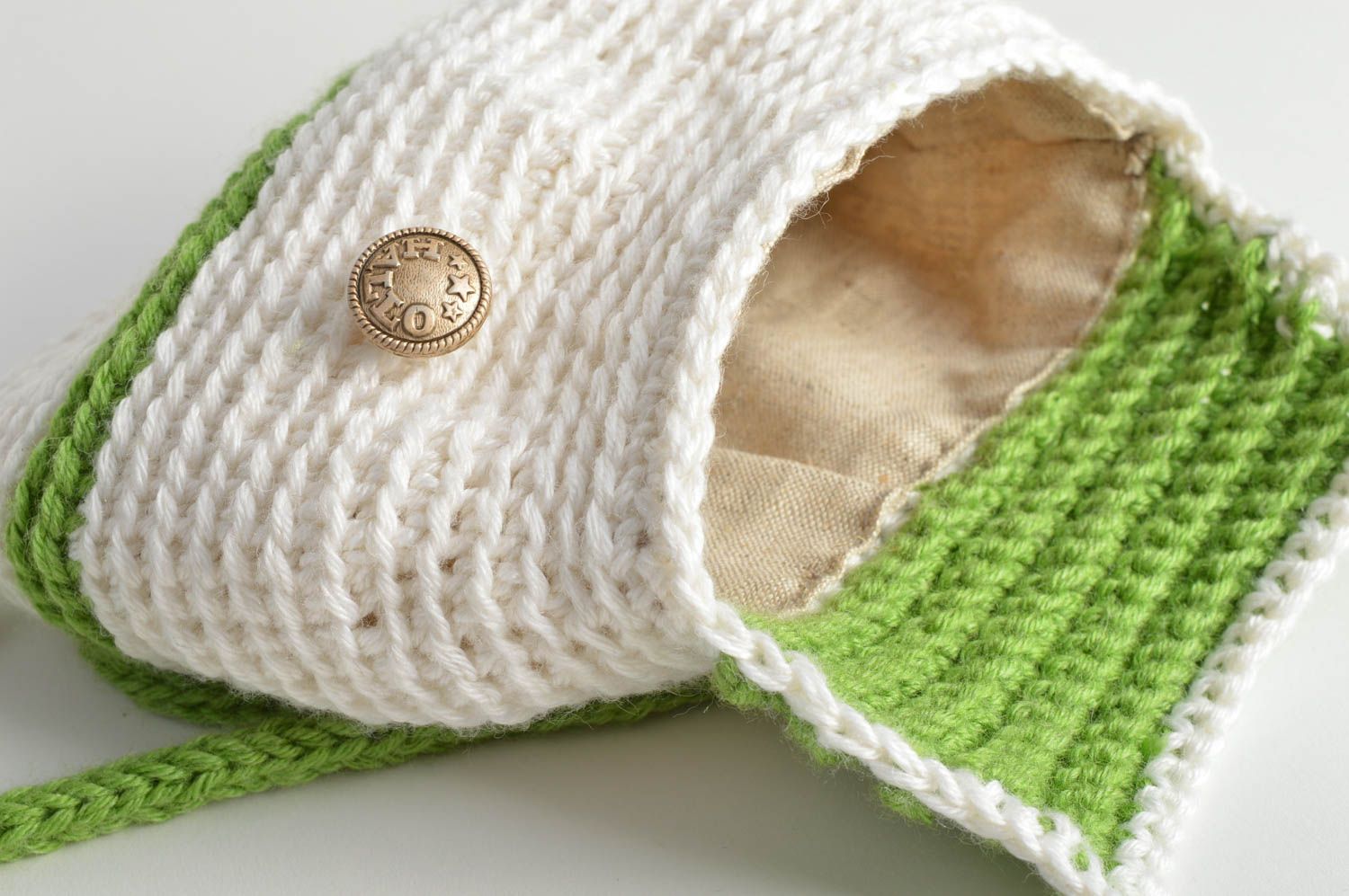 Children's handmade designer stylish crochet backpack of white and green colors photo 5