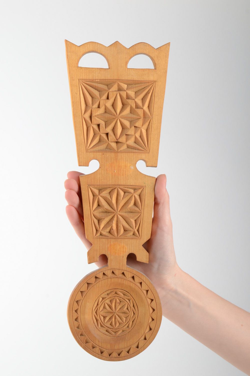 Handmade decorative wall hanging ornamented spoon carved of wood in ethnic style photo 5