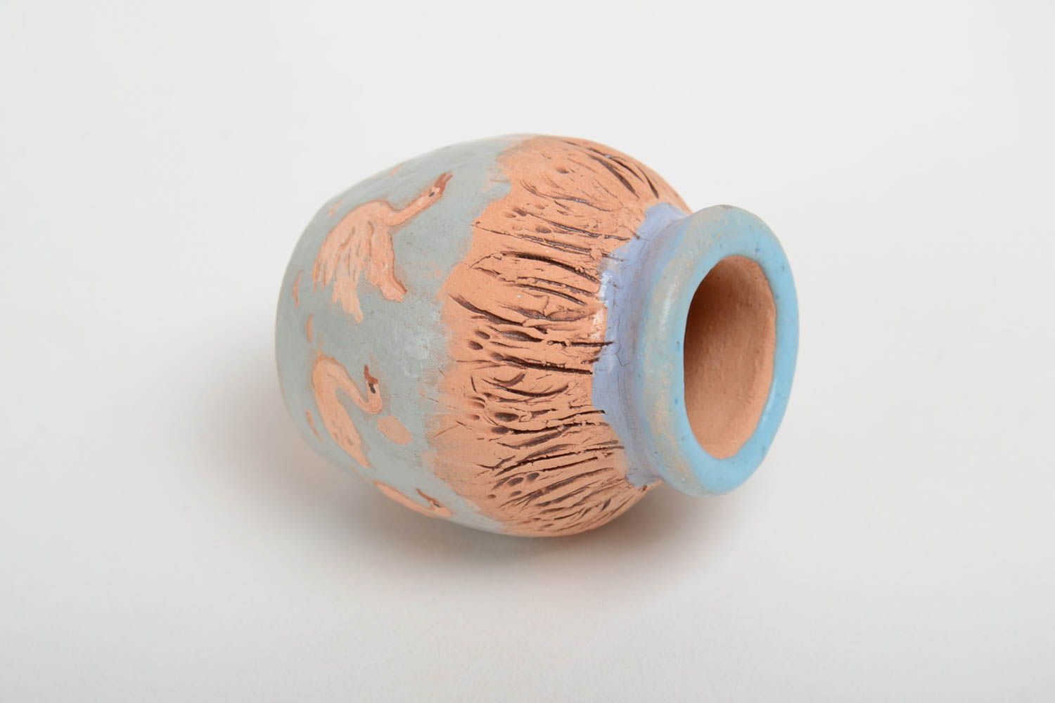 Декоративный глиняный кувшин ручной работы с росписью маленький красивый фото 3