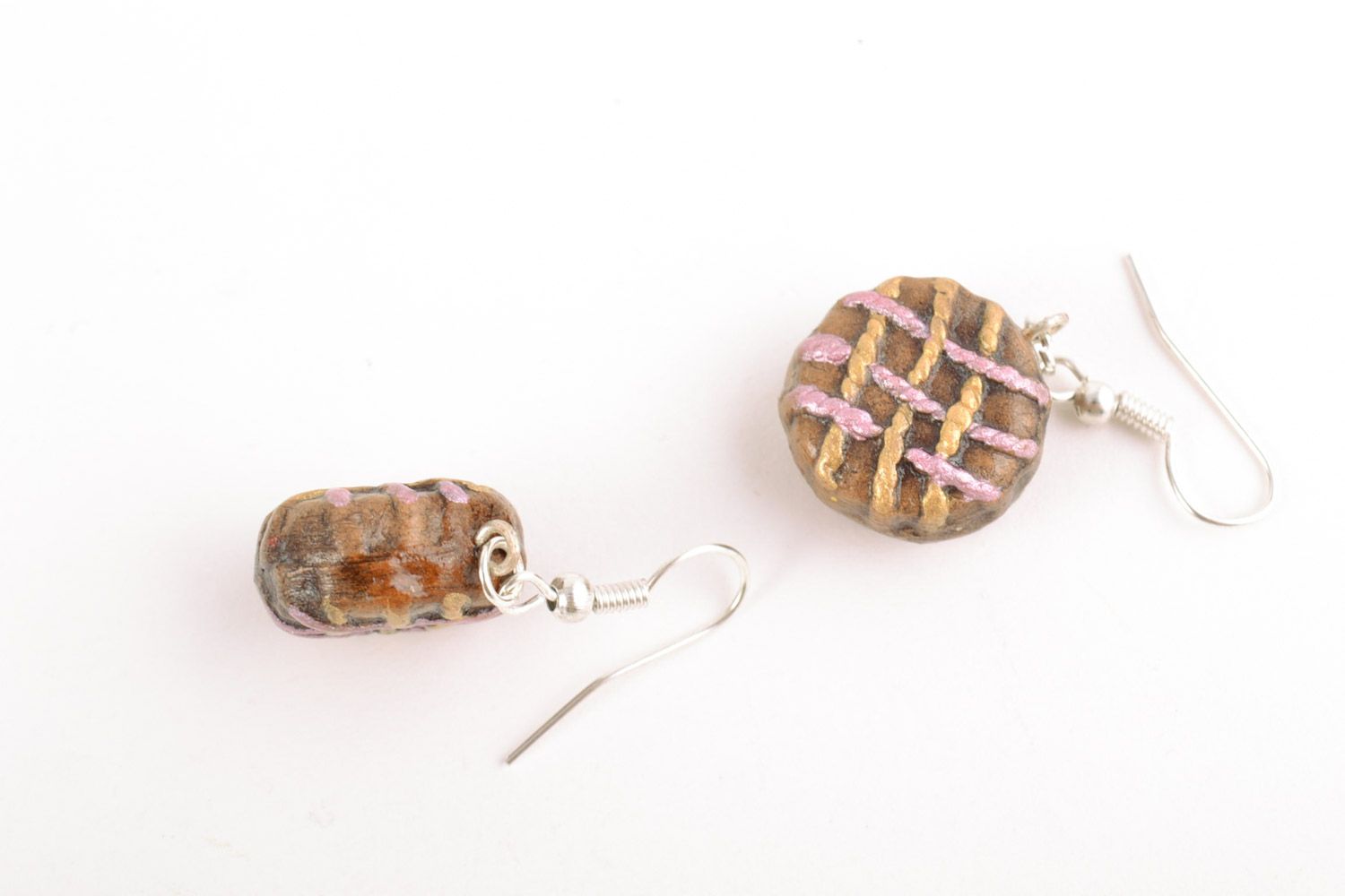 Small handmade ethnic round ceramic dangling earrings painted with acrylics photo 5