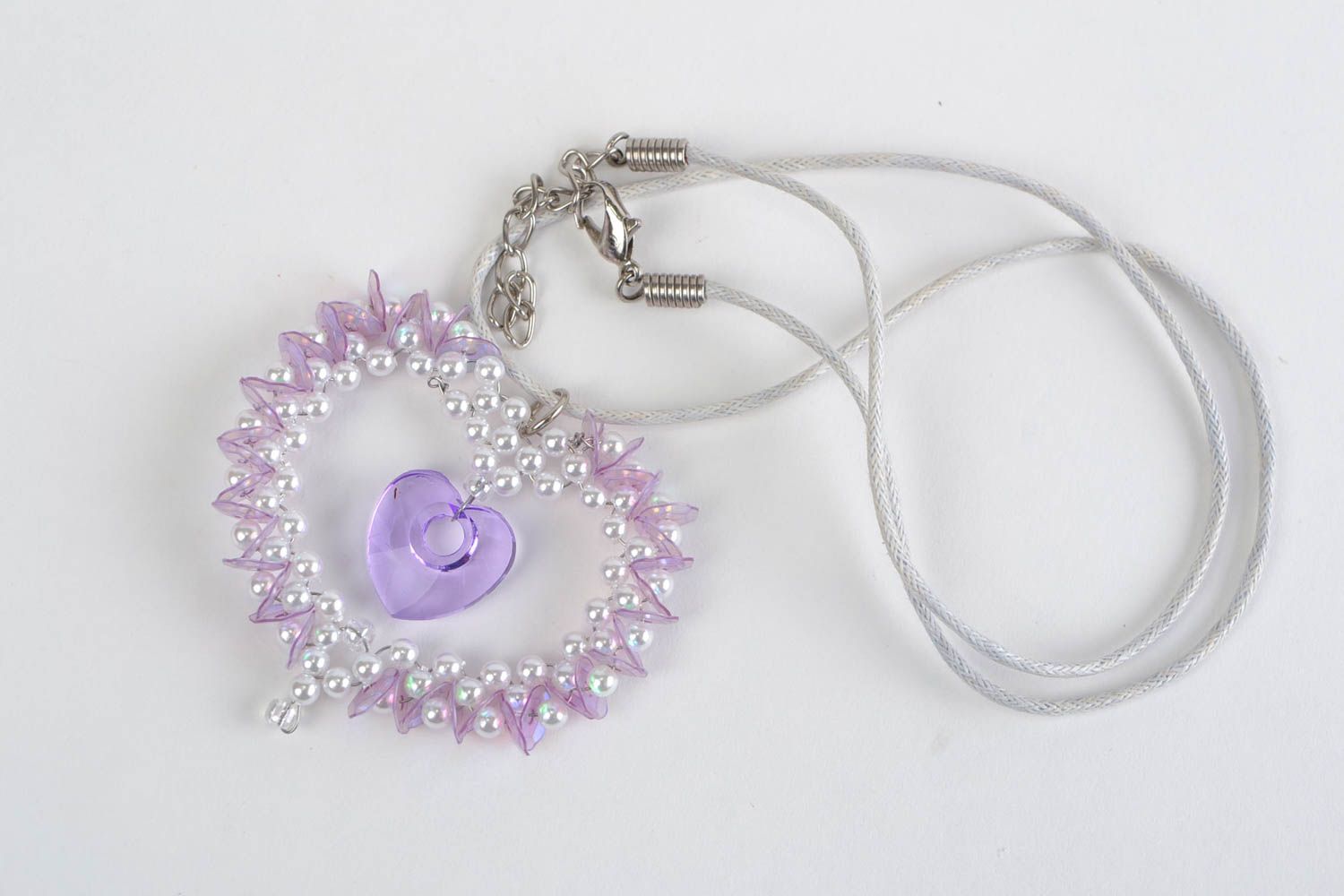 Handmade large pendant made of beads and sequins of lilac color on waxed cord photo 1