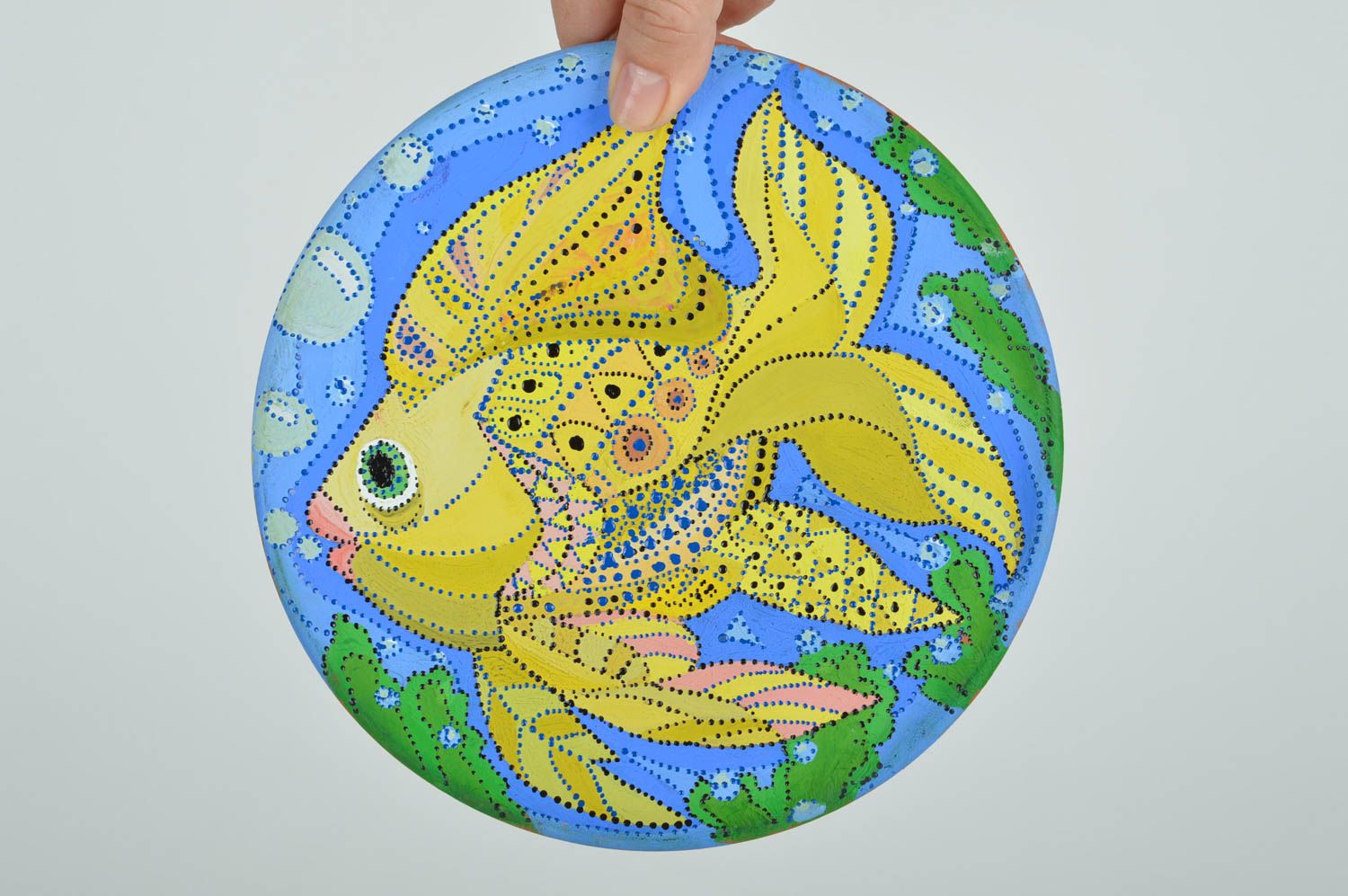 Handmade cute decorative ceramic plate decorated with acrylic paints Fish photo 3