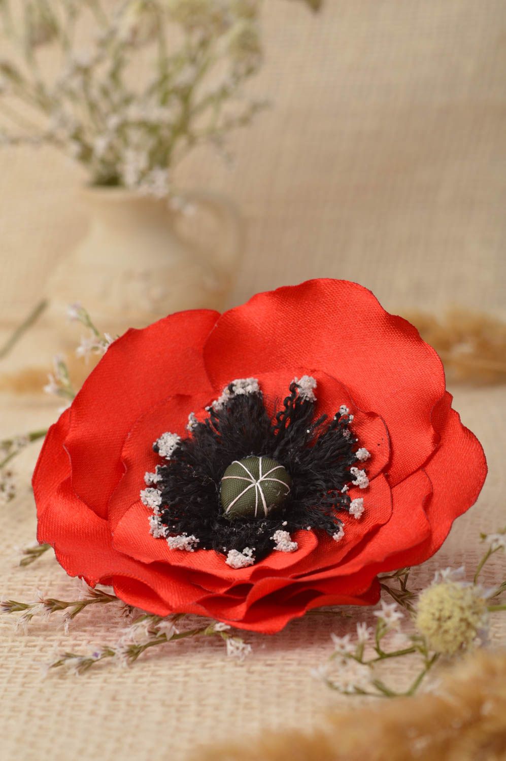 Handmade Schmuck Brosche rote Mohnblume Haarspange Blume Haar Accessoire foto 1