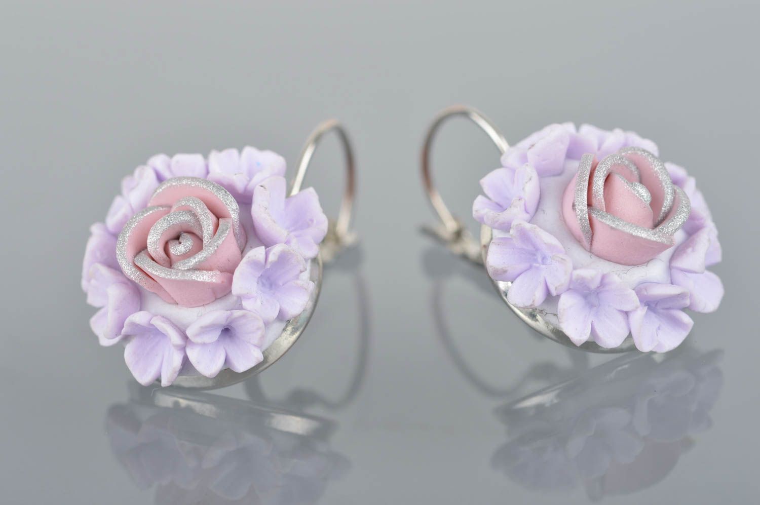 Delicate small earrings with polymer clay charms in the form of purple rose photo 2