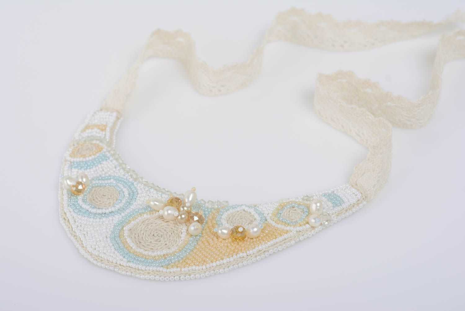 Beaded necklace with glass beads embroidery on ribbon handmade white accessory photo 1