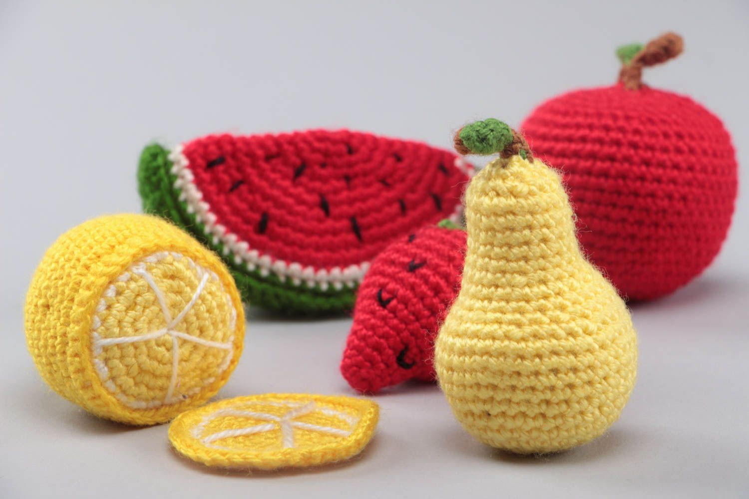 Set of 6 handmade crocheted soft colorful fruit toys for kids and interior decor photo 4