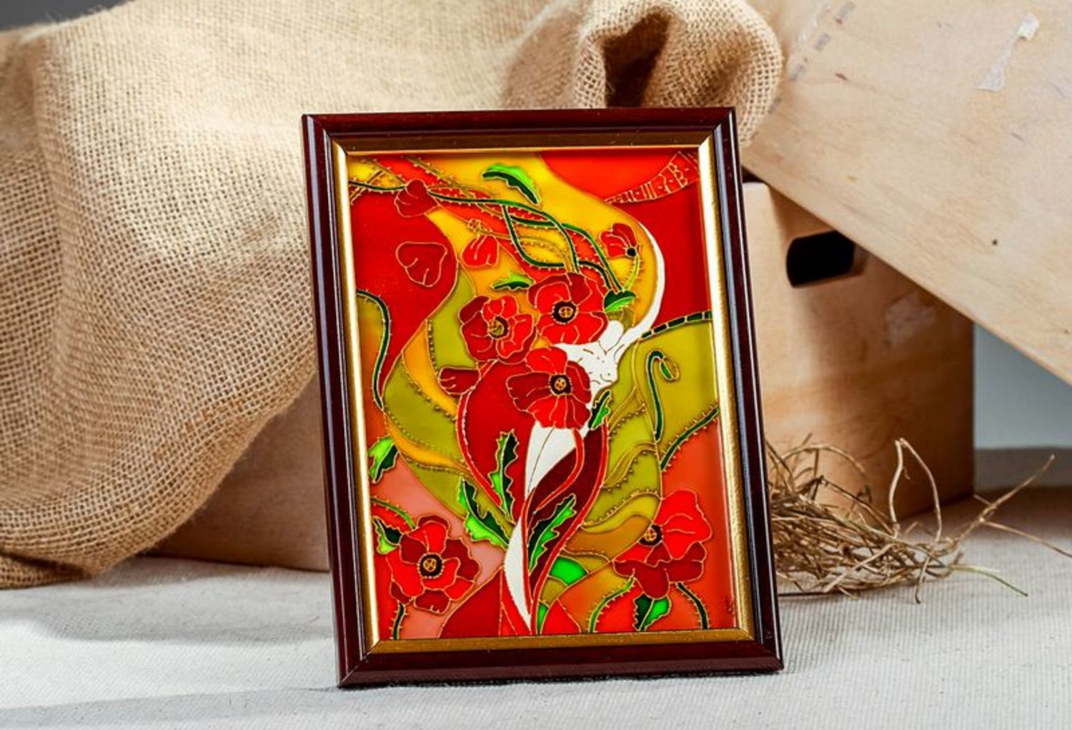 Stained glass picture in wooden frame Soul of flowers  photo 1