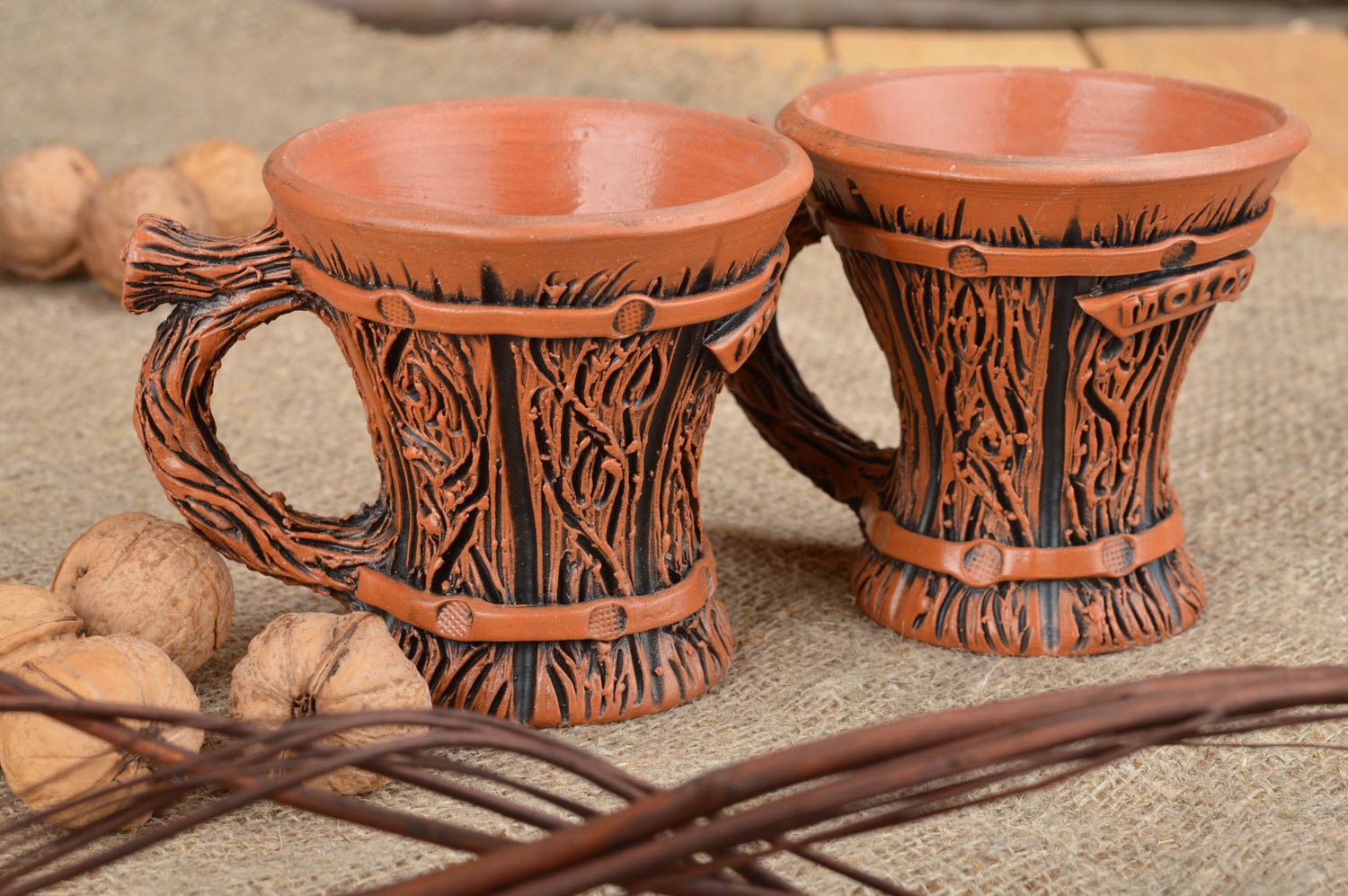 Set of 2 two clay 3 oz coffee cups with fake wood pattern and handles photo 1