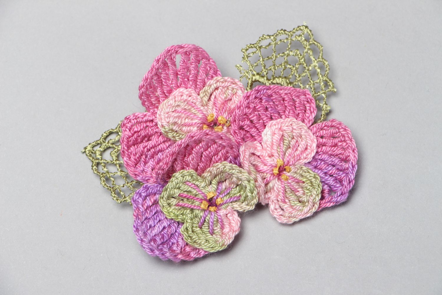 Handmade crochet microfiber brooch Violets photo 1
