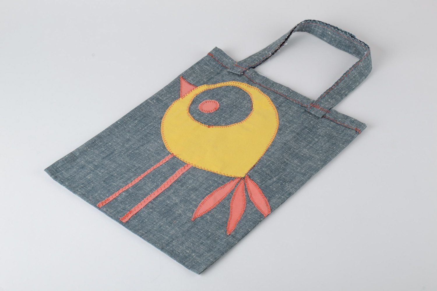 Handmade big gray women shoulder bag made of fabric with applique and with two handles photo 2