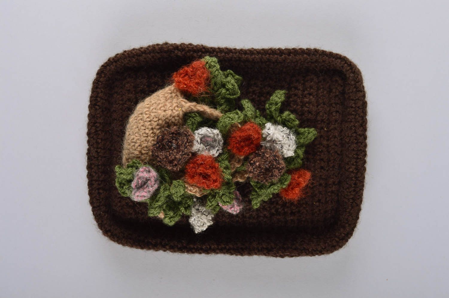 Petit tableau tricoté au crochet Tableau fait main marron fleurs Déco maison photo 2