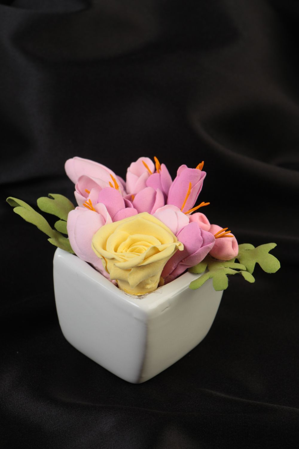 Beautiful handmade pink polymer clay flowers in pot interior composition photo 1