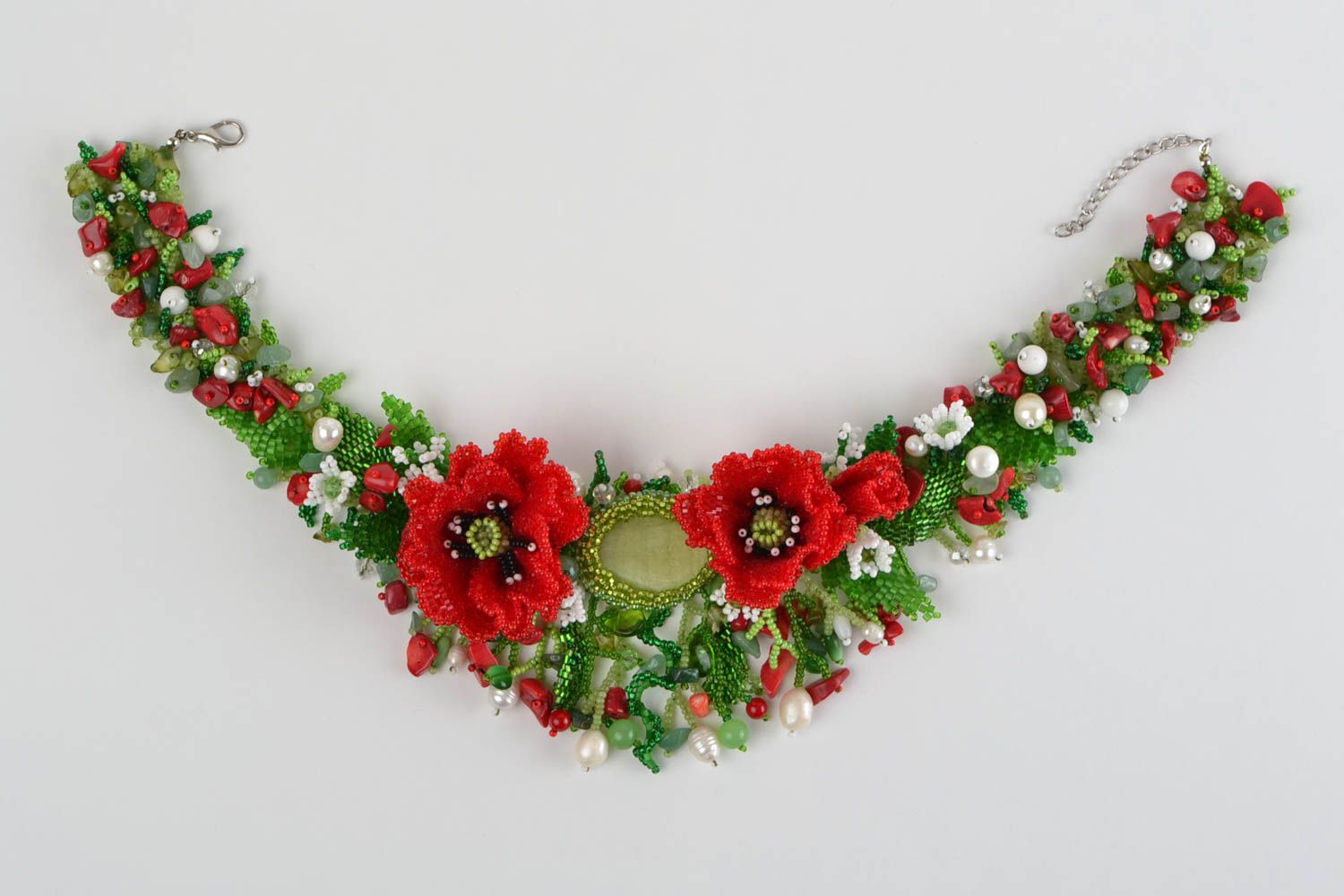 Handmade volume necklace made of beads and natural stones Poppy field photo 2