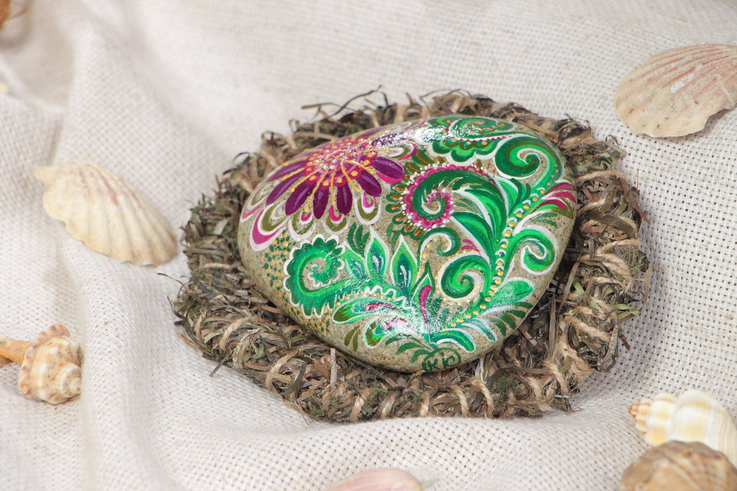 Galet marin peint sur support en algues décoratif à motif floral fait main photo 1