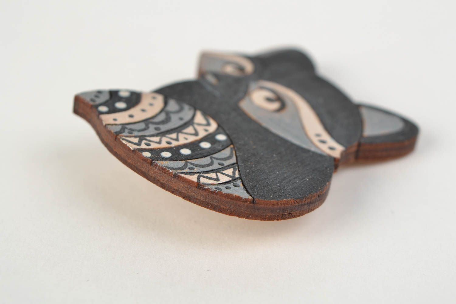 Beautiful small handmade wooden brooch in the shape of dark raccoon for children photo 5