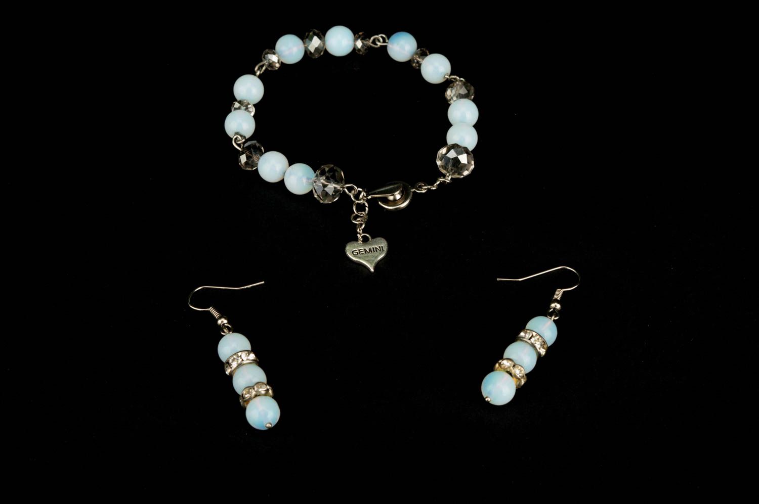 Parure bijoux Bracelet fait main Boucles d'oreilles pendantes pierre de Lune photo 3