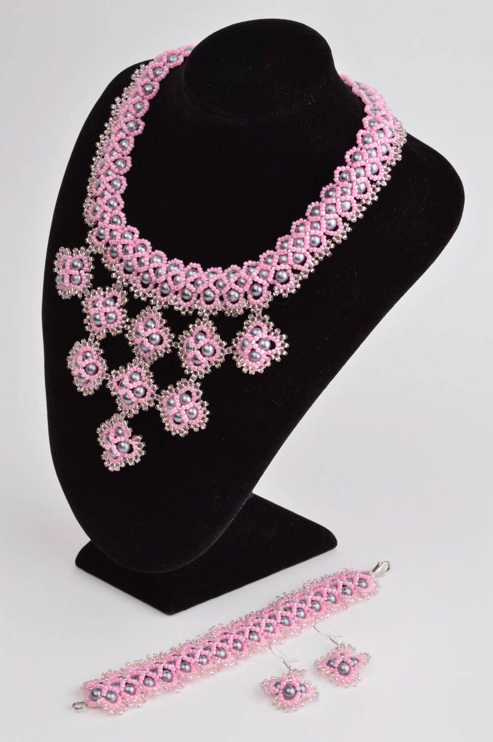Unusual earrings designer bracelet handmade necklace beaded jewelry set photo 1