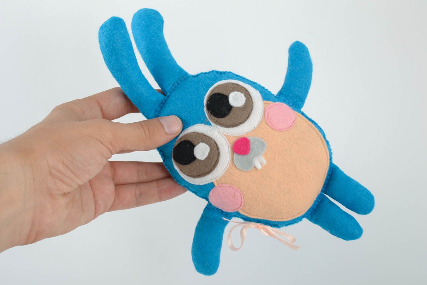 Small funny handmade fabric soft toy hare of blue color photo 2