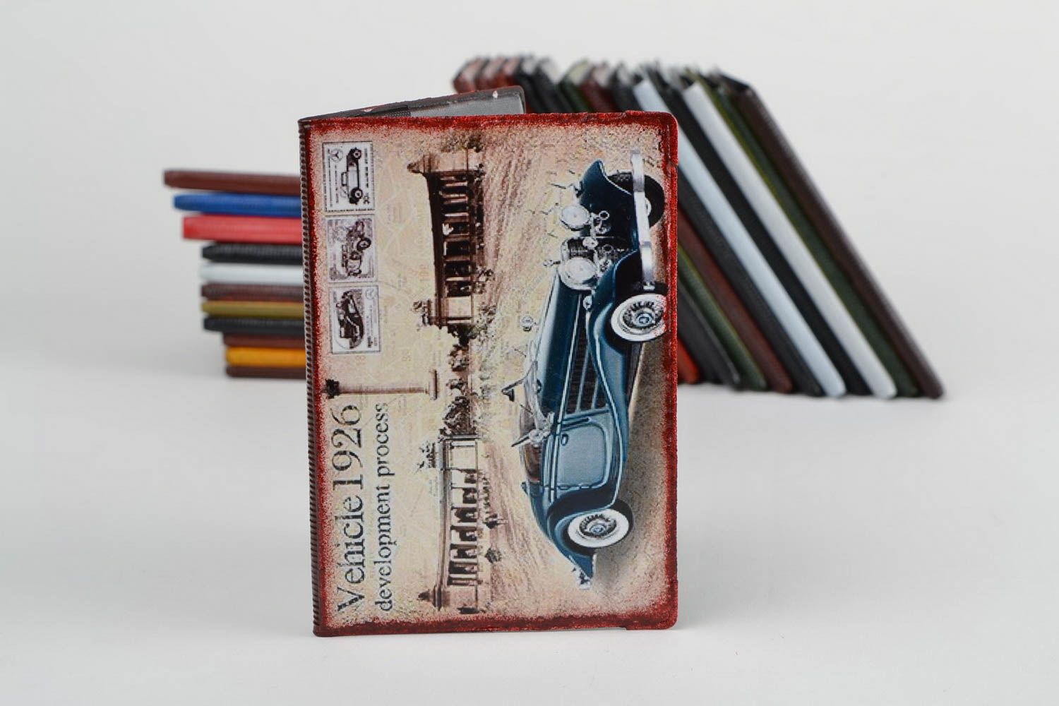 Handmade faux leather passport cover with decoupage in retro style Automobile photo 1
