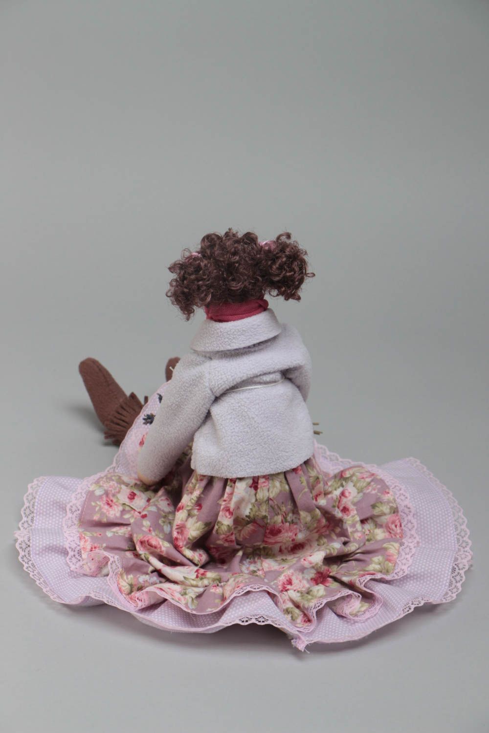 Handmade designer small fabric soft doll with curly hair in violet color palette photo 4