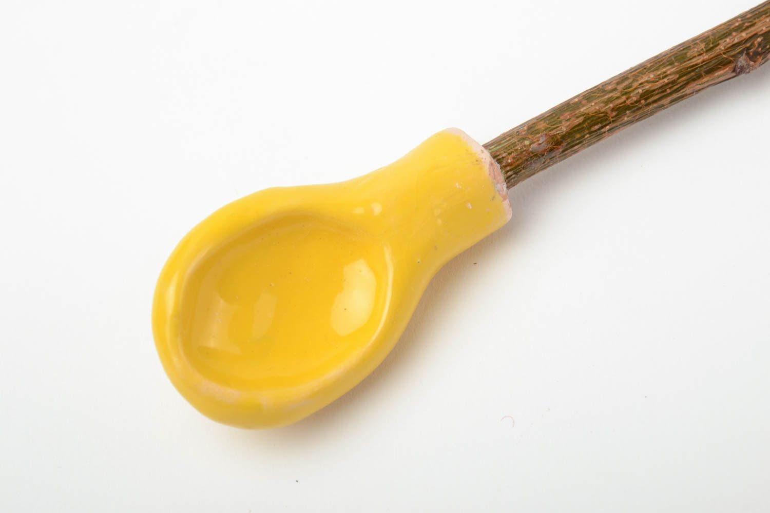 Handmade designer yellow clay spoon with apricot branch handle photo 4