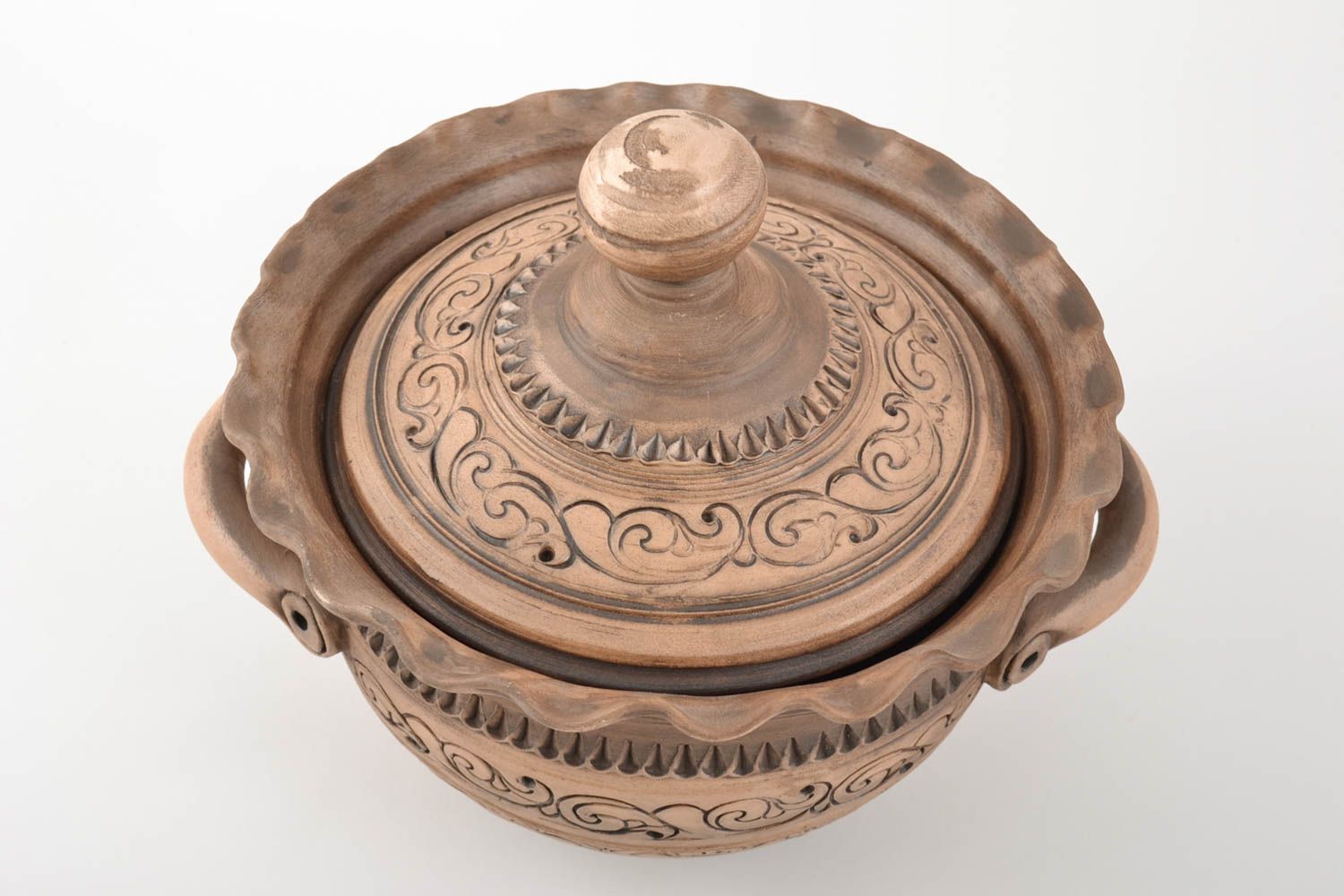 Grand faitout en céramique fait main brun original décoré joli 3 l vaisselle photo 4