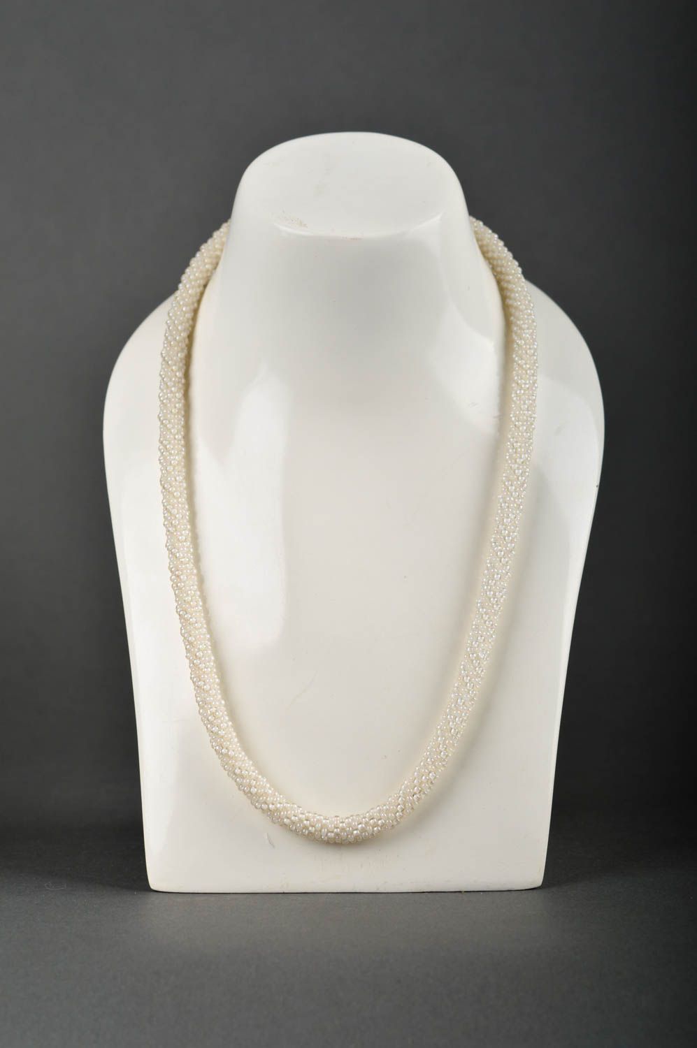 Handmade white festive necklace unusual beaded necklace female jewelry photo 1