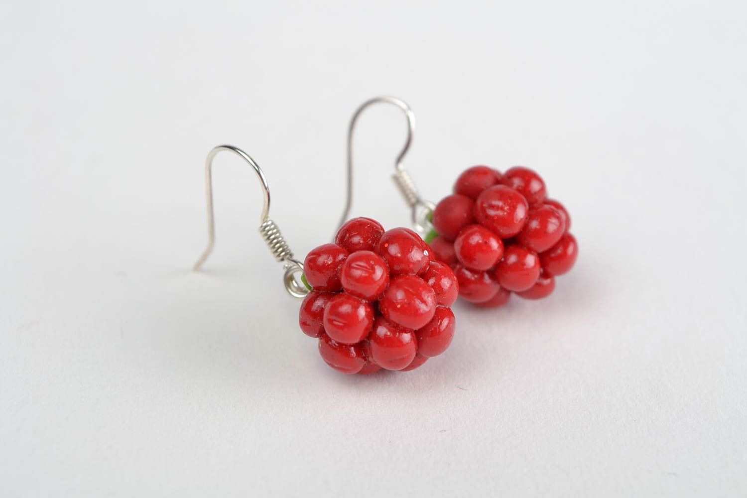 Handmade designer cute polymer clay earrings in the shape of red raspberry photo 4