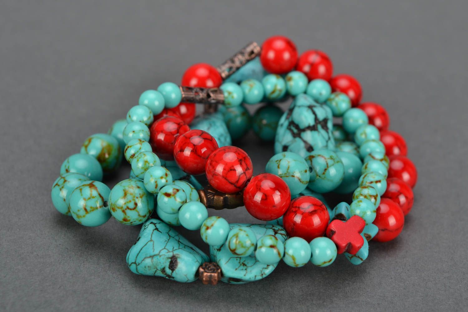 Natural stone bracelet of red and turquoise colors photo 5