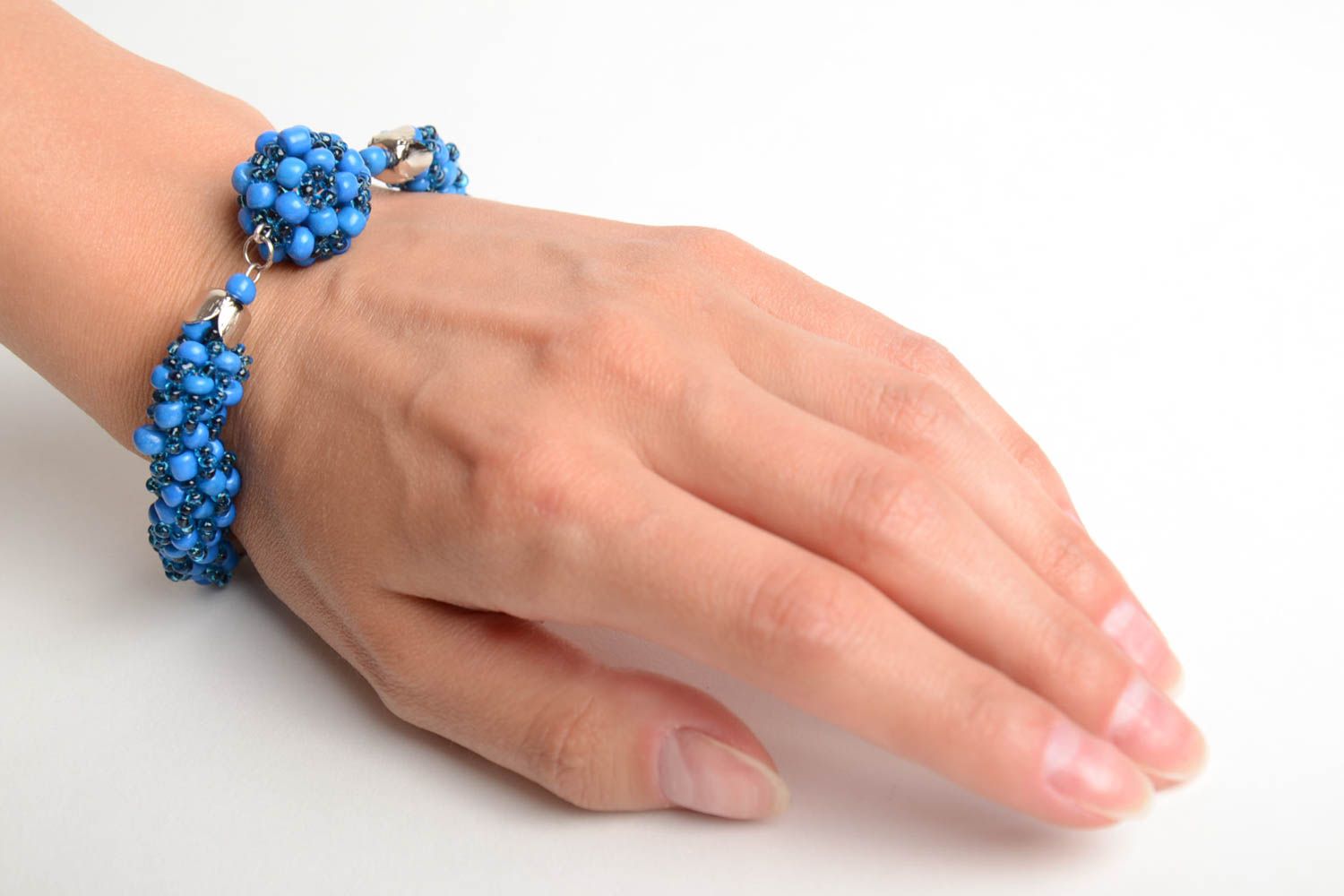 Designer handmade women's wrist laconic bracelet woven of blue Czech beads photo 2