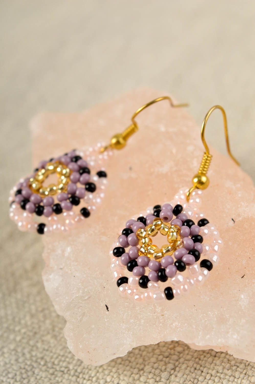 Handmade pink round earrings unusual beaded jewelry stylish massive earrings photo 1