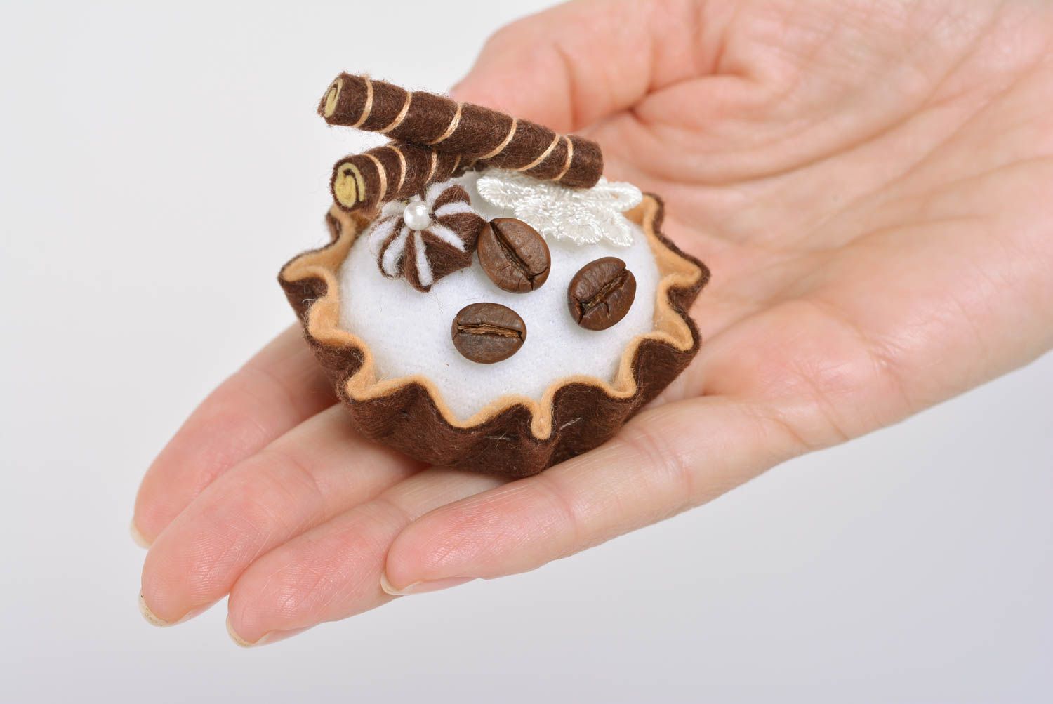 Handmade designer decorative felt pincushion in the shape of chocolate cake photo 5