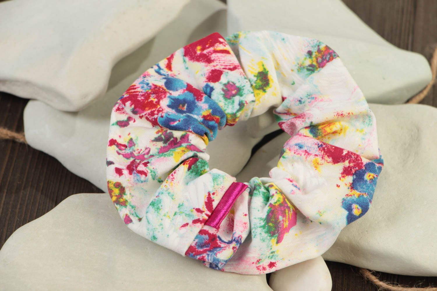 Decorative wide handmade volume elastic hair tie sewn of colorful fabric photo 1