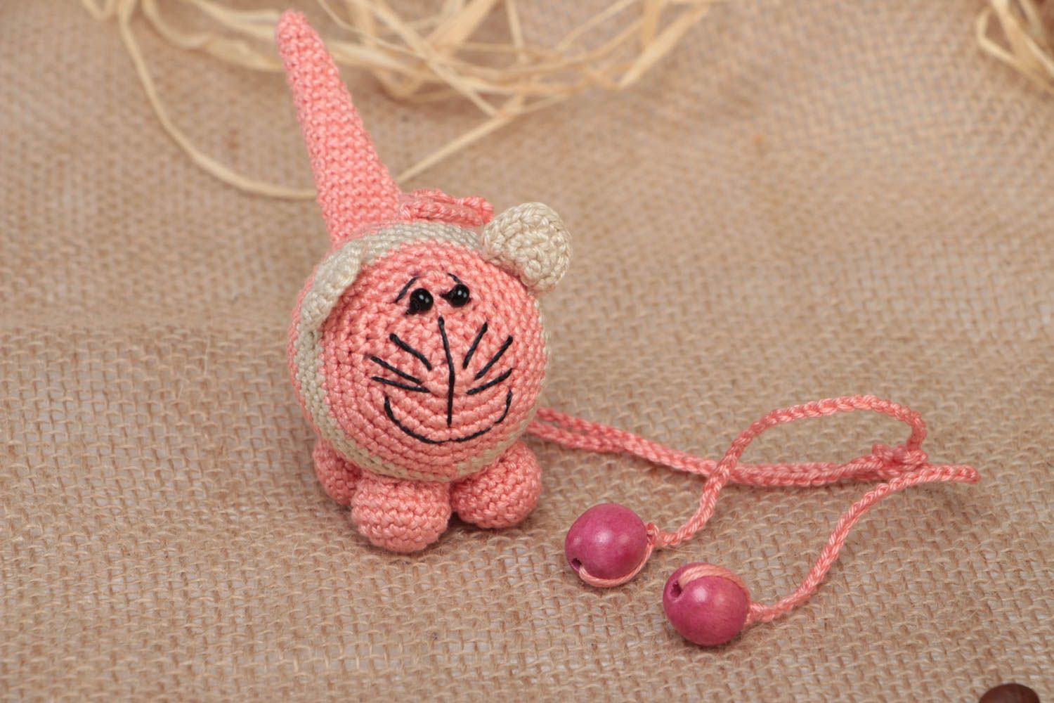 Crocheted cotton rattle small pink cat handmade toy for children and nursery photo 1