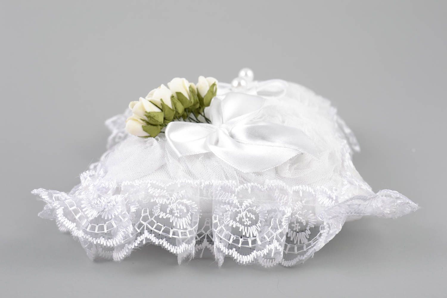 Beautiful rectangular white handmade wedding pillow for rings with flowers photo 4