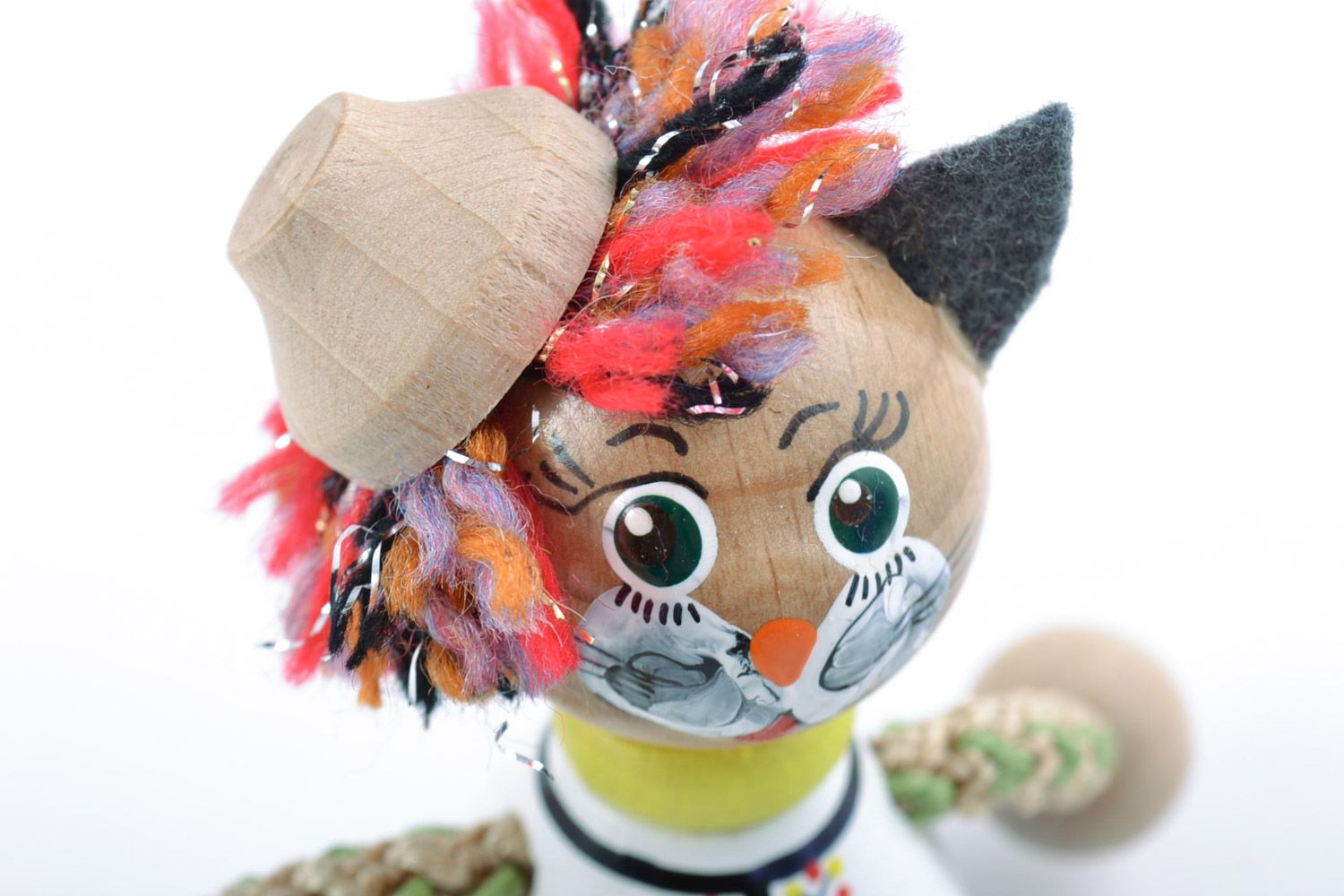 Unusual colorful handmade decorative wooden toy cat with eco painting  photo 4