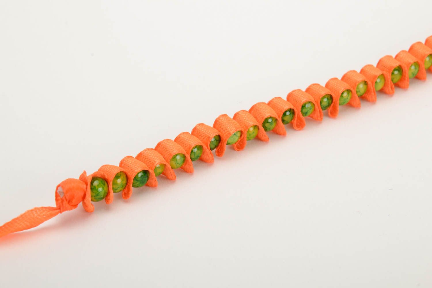 Orange handmade bracelet woven of satin ribbon and glass beads Fantasy photo 4