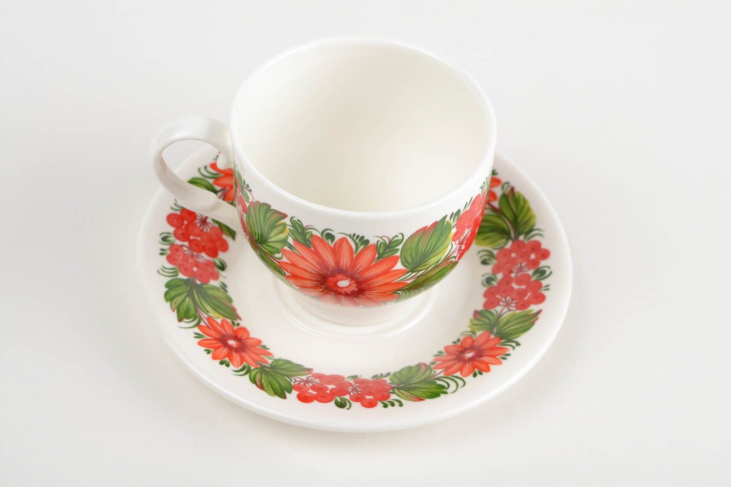 Porcelain 5 oz cup with flower pattern, handle, and saucer photo 5