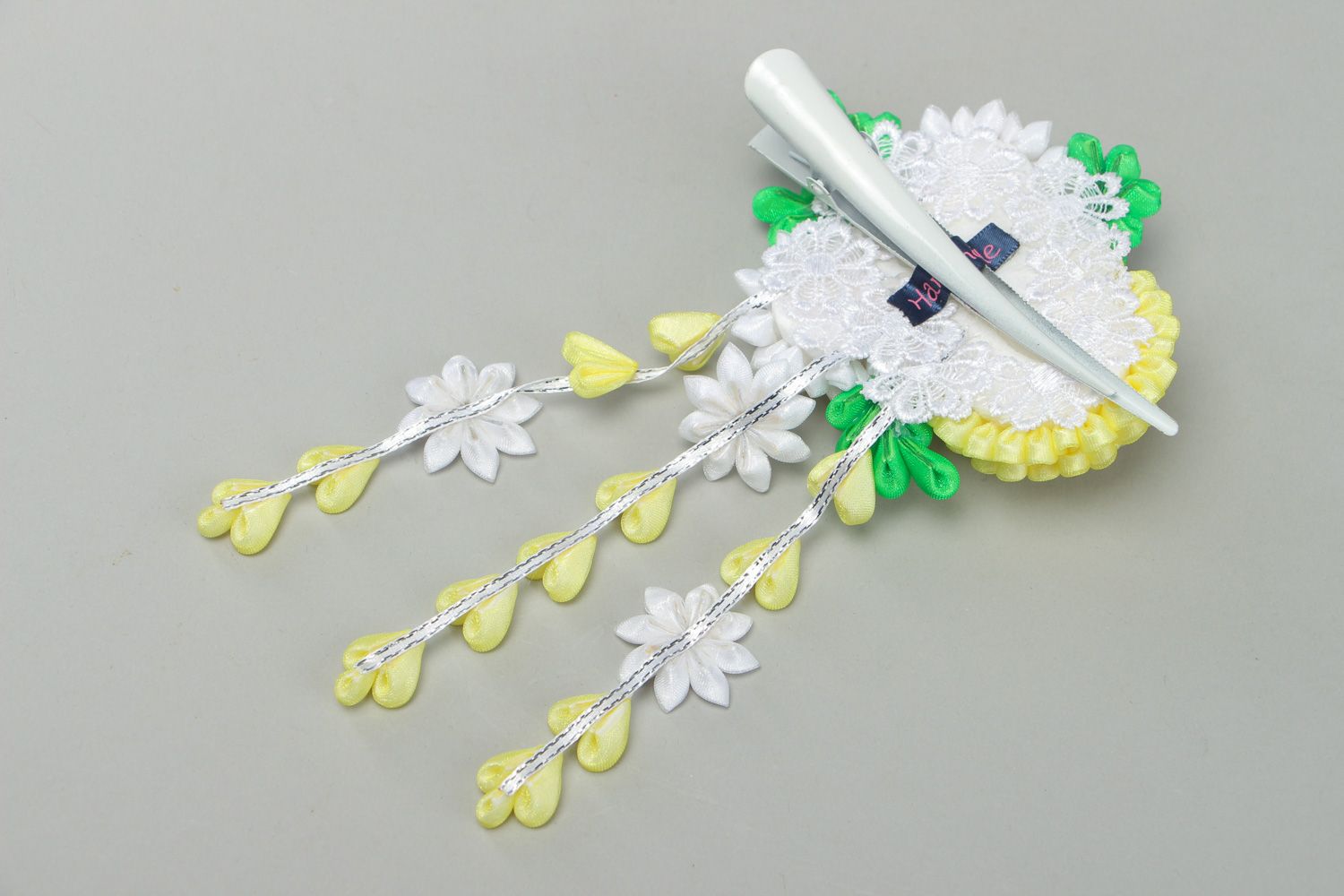 Kanzashi hair clip hand made of satin ribbons in green yellow and white colors photo 3