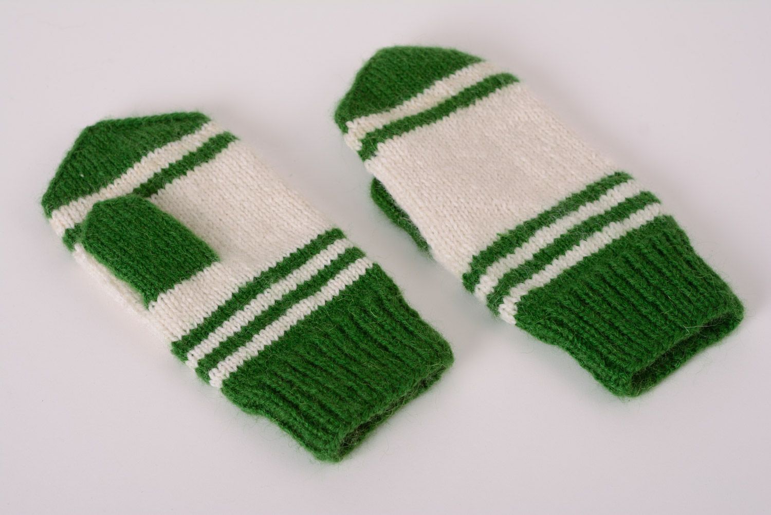 White and green warm hand knitted wool and acrylic mittens photo 1