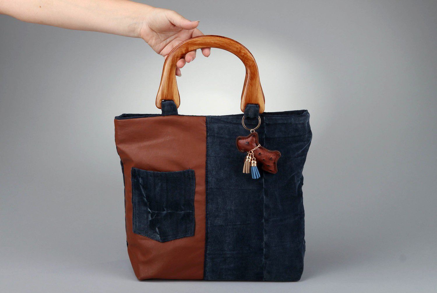 Handmade bag made of artificial leather and velvet fabric photo 1