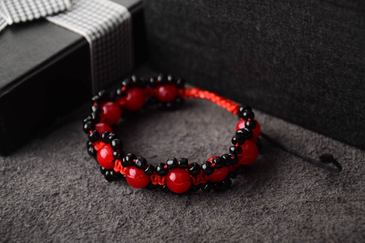 Strand Shambala bracelet on red cord with red and black beads for girls photo 2
