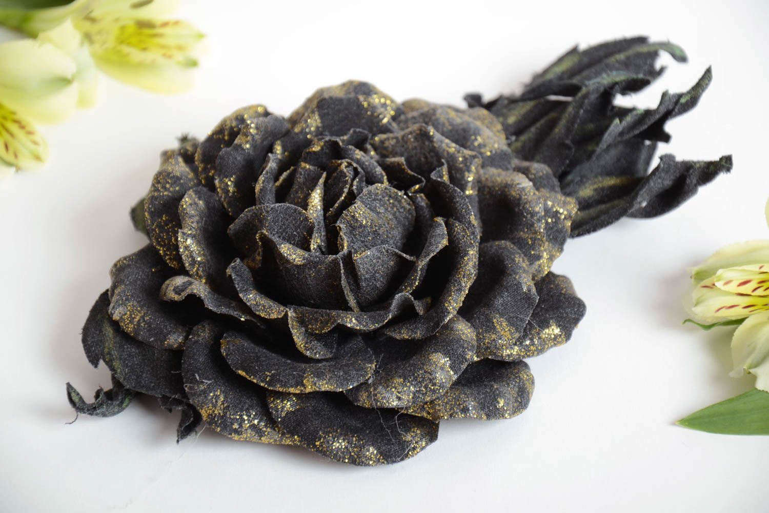 Handmade hair clip brooch with volume fabric flower of black and golden colors photo 1