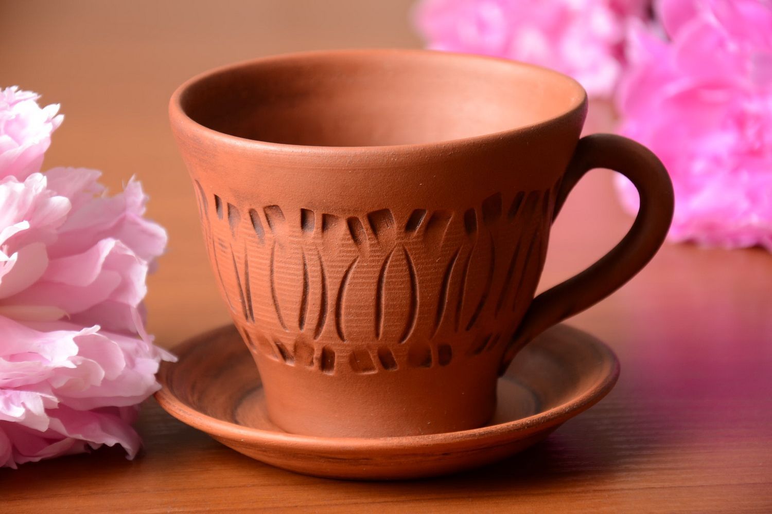 12 oz clay coffee cup in terracotta color with handle and saucer photo 1