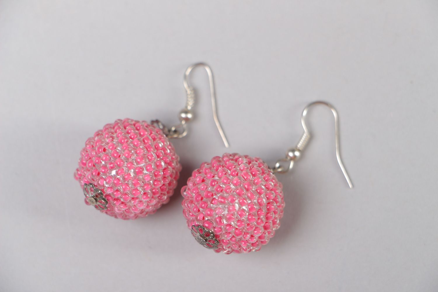 Pink beaded ball earrings photo 1